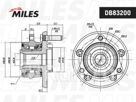 Ступица колеса передняя с подшипником с abs (5*127,z32) jeep grand cherokee iv (wk wk2)/dodge durang MILES DB83200  для прочие 2, MILES, DB83200